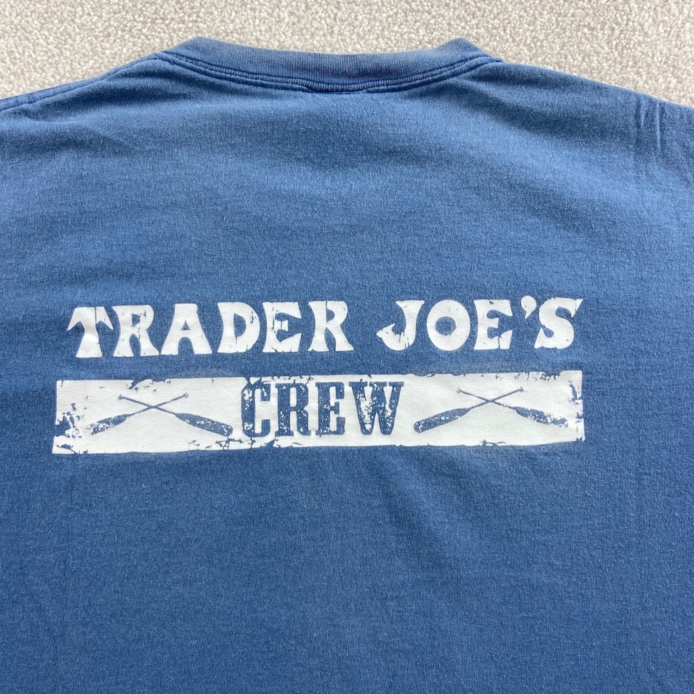 Vtg Trader Joes Crew T-Shirt Mens XL Blue Graphic Short Sleeve Tee
